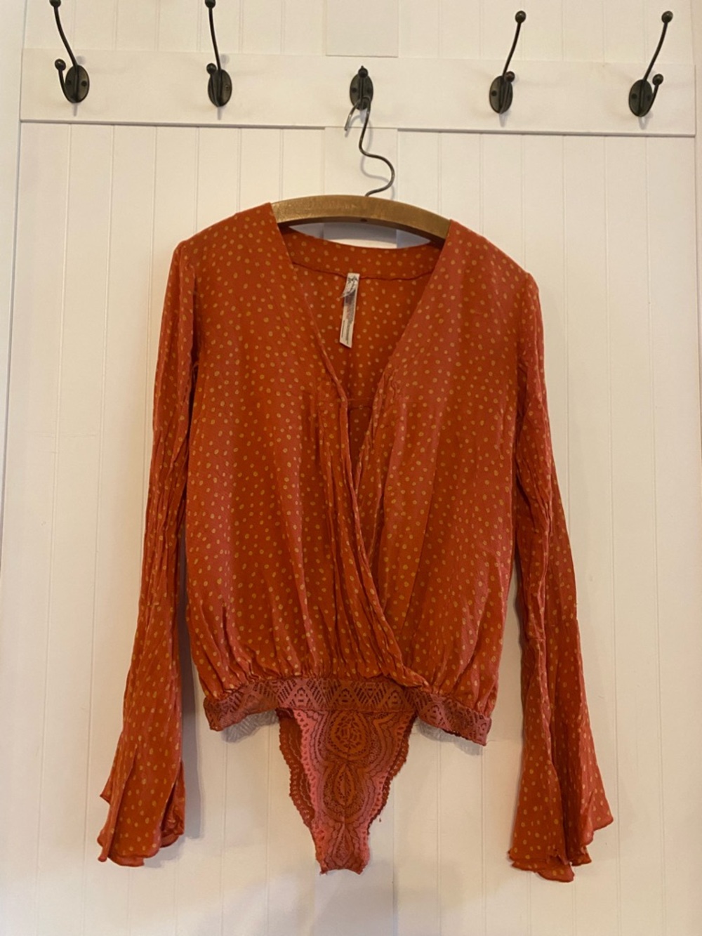 Intimately by Free People Polka Dot Blouse Bodysuit XS Boho Bell Sleeves